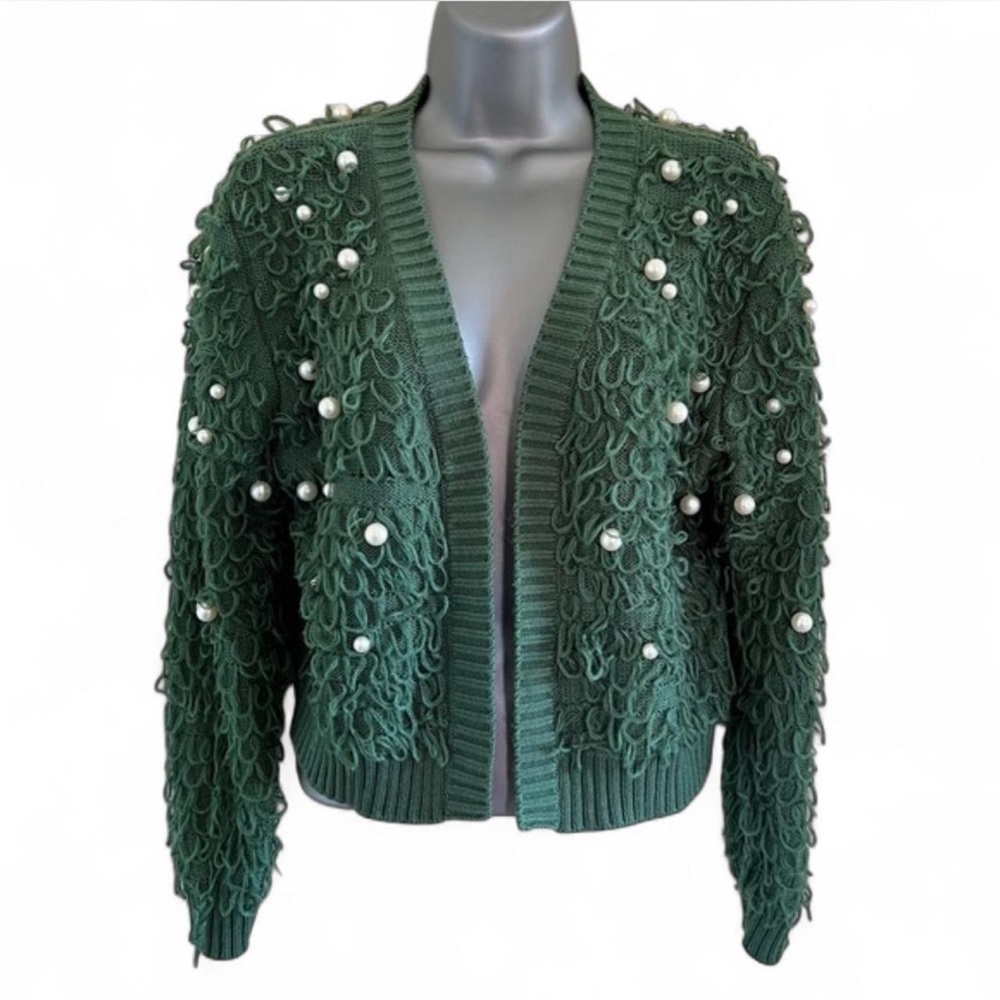 Green Pearl Embellished Women Sweater